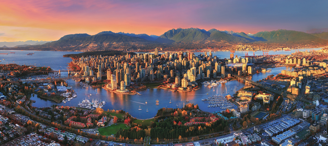 Aerial skyline view of Vancouver at sunset
